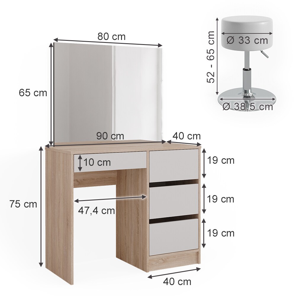 Vicco Schminktisch Sherry Sonoma Weiß, 90 x 75 cm, Spiegel, Hocker, Frisiertisch