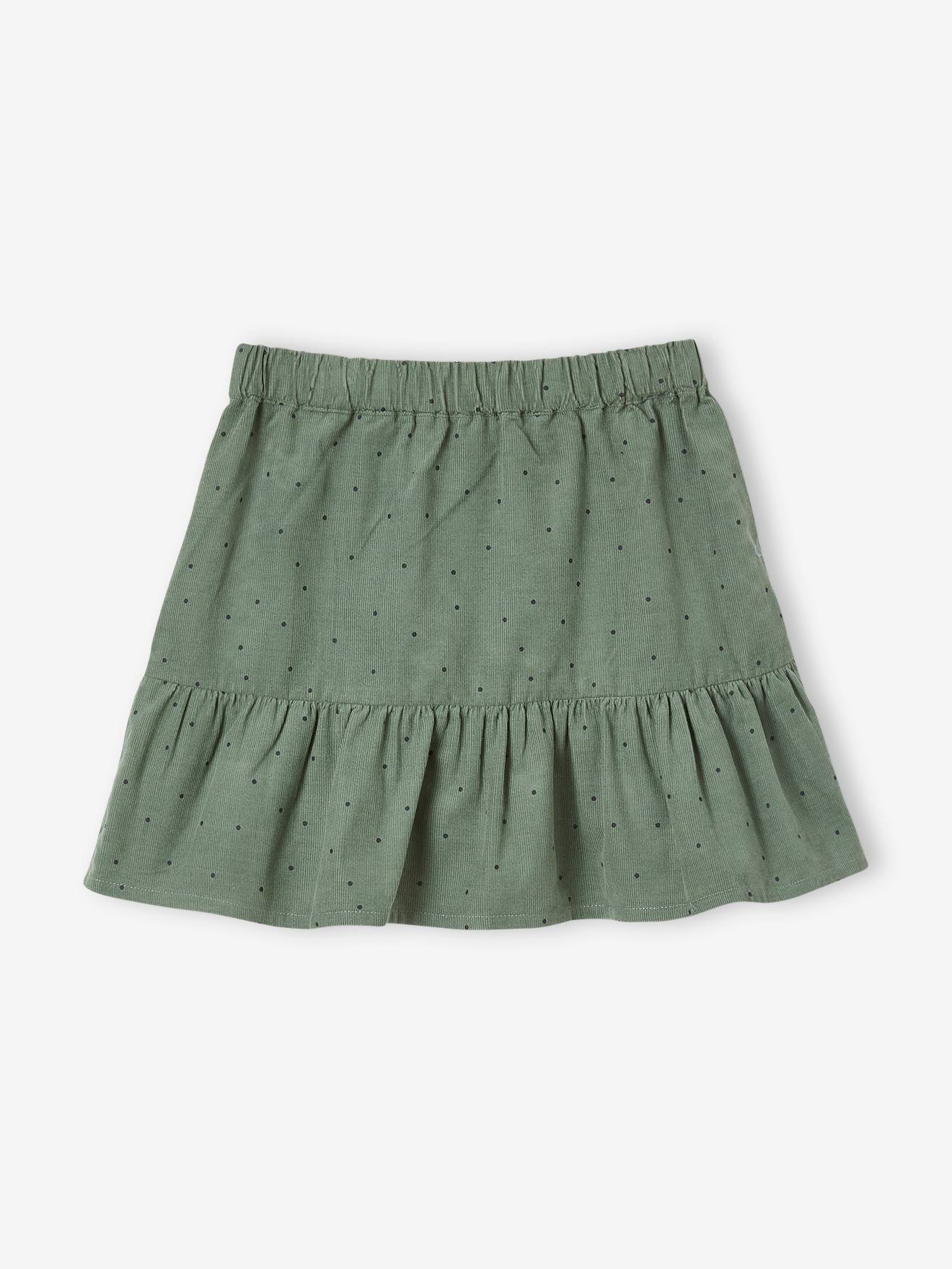 Saia de veludo com babados, estampa verde média, infantil.