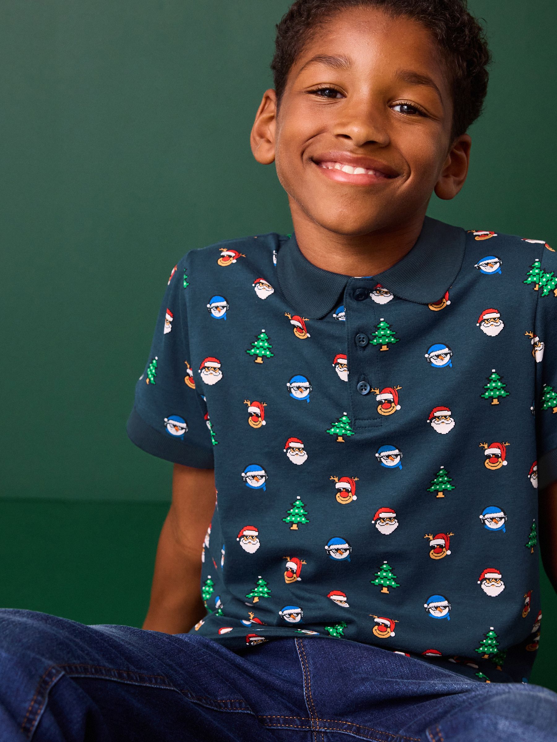 Donkerblauw - Kerstmis poloshirt met korte mouwen van 100% katoen (3-16jaar)