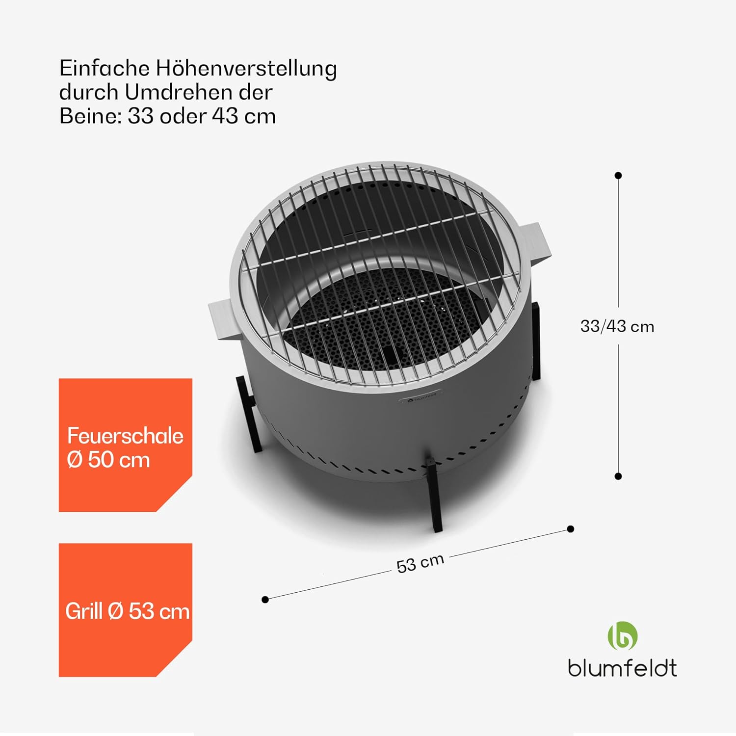 blumfeldt Ignite Pure Feuerschale - Fast Rauchfrei, Edelstahlrahmen, Tragbar & Kompakt, Inkl. Grillrost & Regenschutz, Leicht zu Reinigen, Perfekt für Garten & Camping