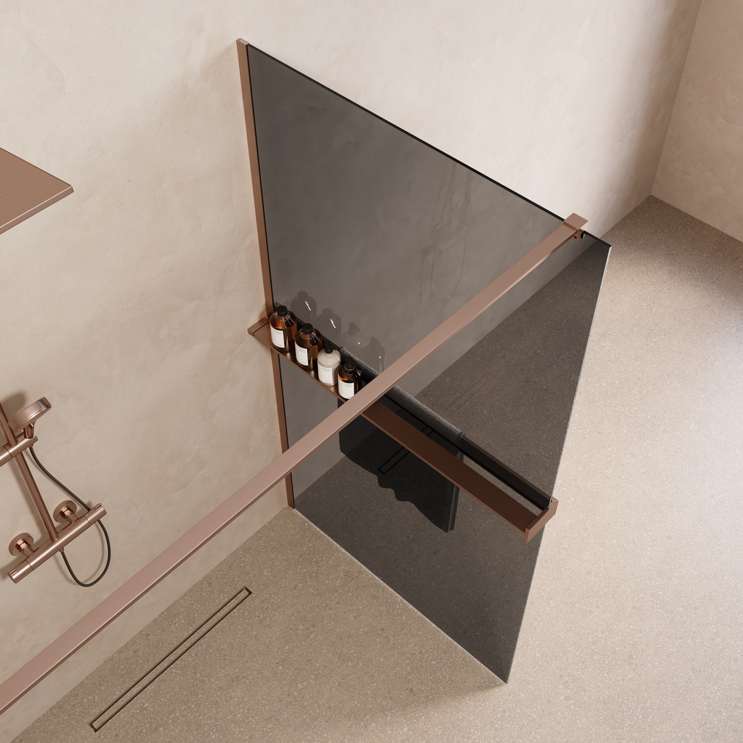 Saniclear Metric inloopdouche 100cm met handdoekhouder en rookglas geborsteld koper