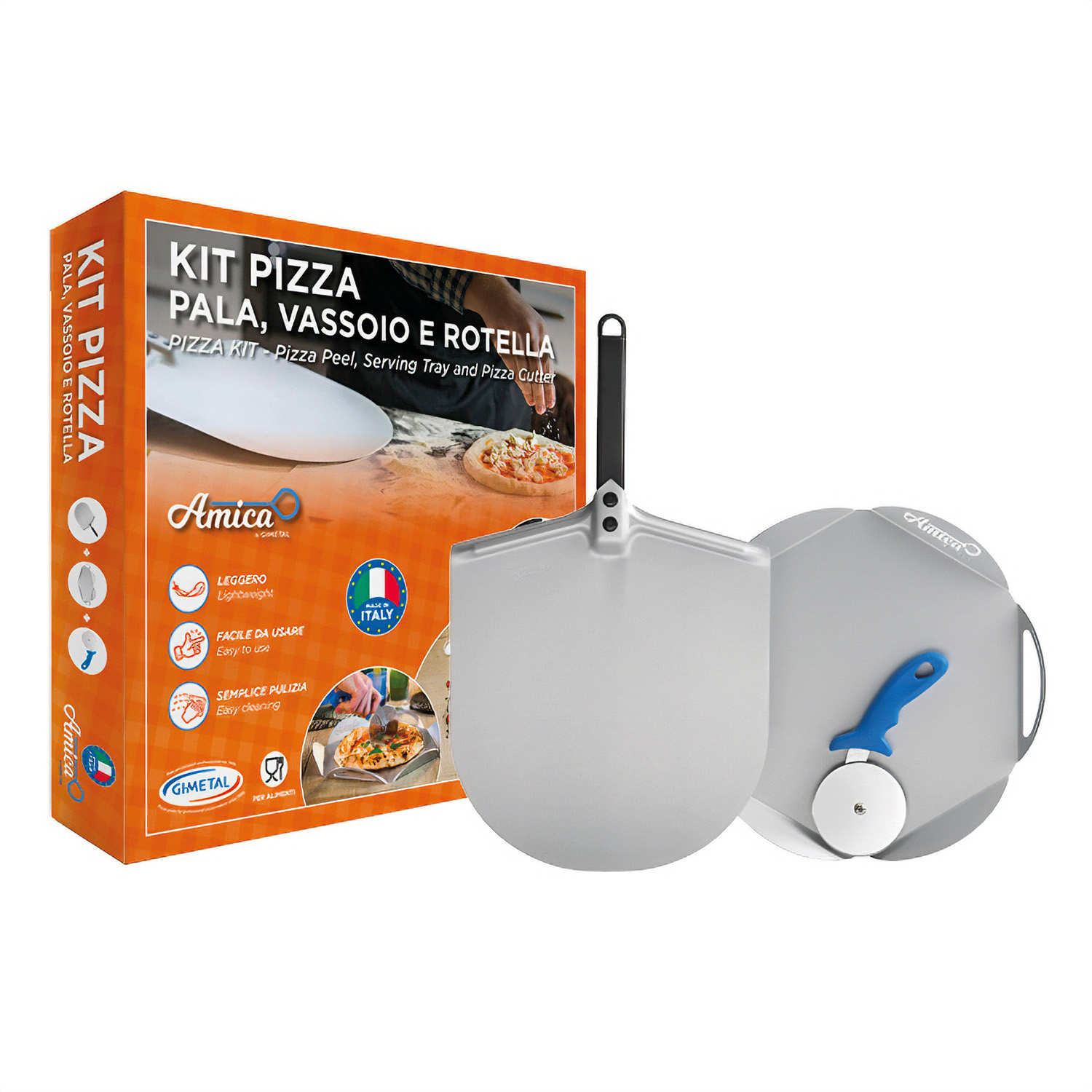 Kit pizza inox haute qualité : pelle à pizza 30cm, plateau de service et roulette découpe