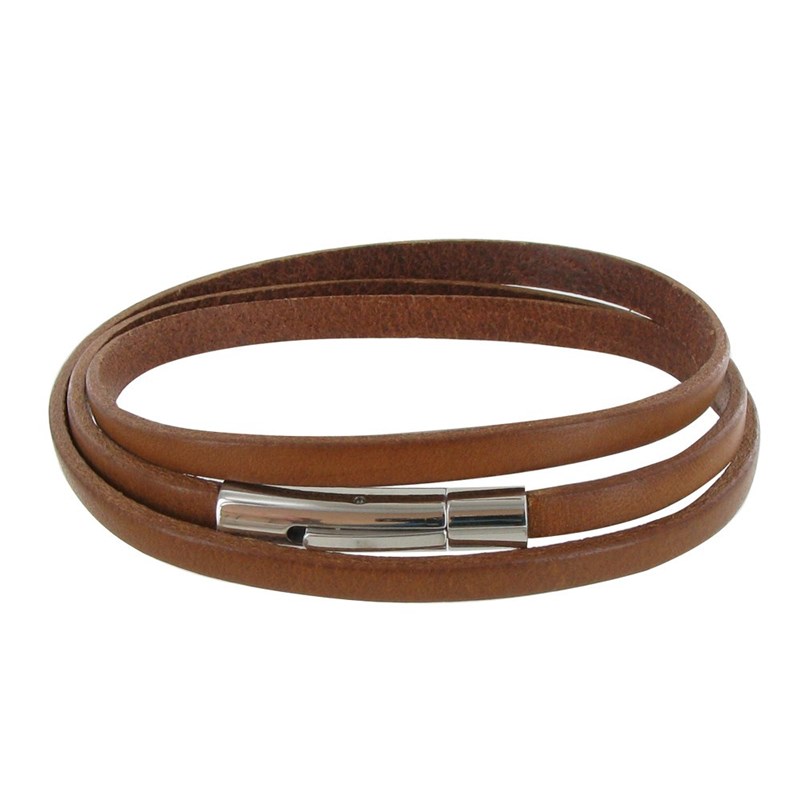 Bracelet Homme Cuir Marron Clair Plat Fermoir Acier Inoxydable - taille 19 cm
