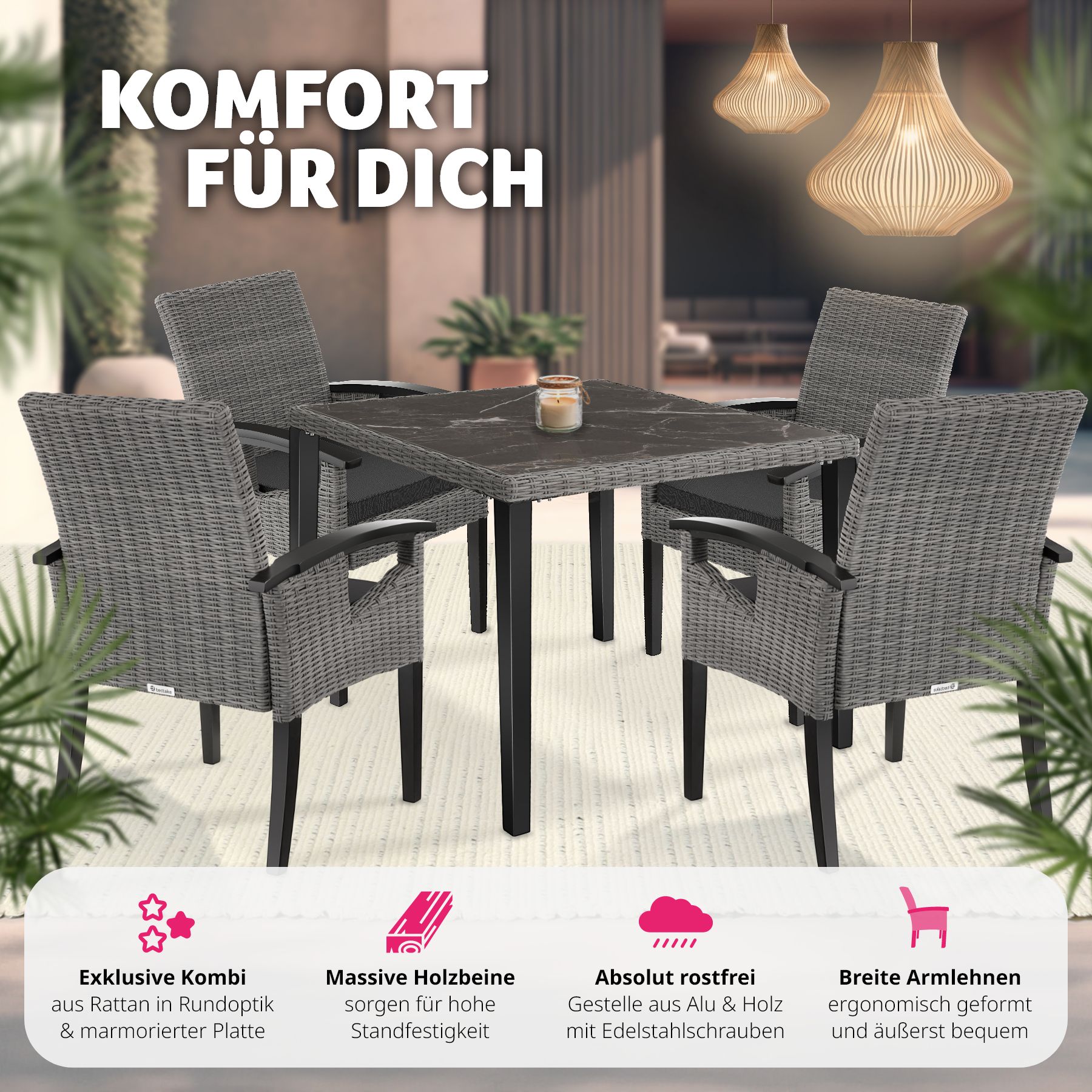 tectake® Rattan Tisch Tarent mit 4 Stühlen Rosarno, mit Holzgestellen, wetterfest und UV-beständig, Armlehnen und Füße aus Holz