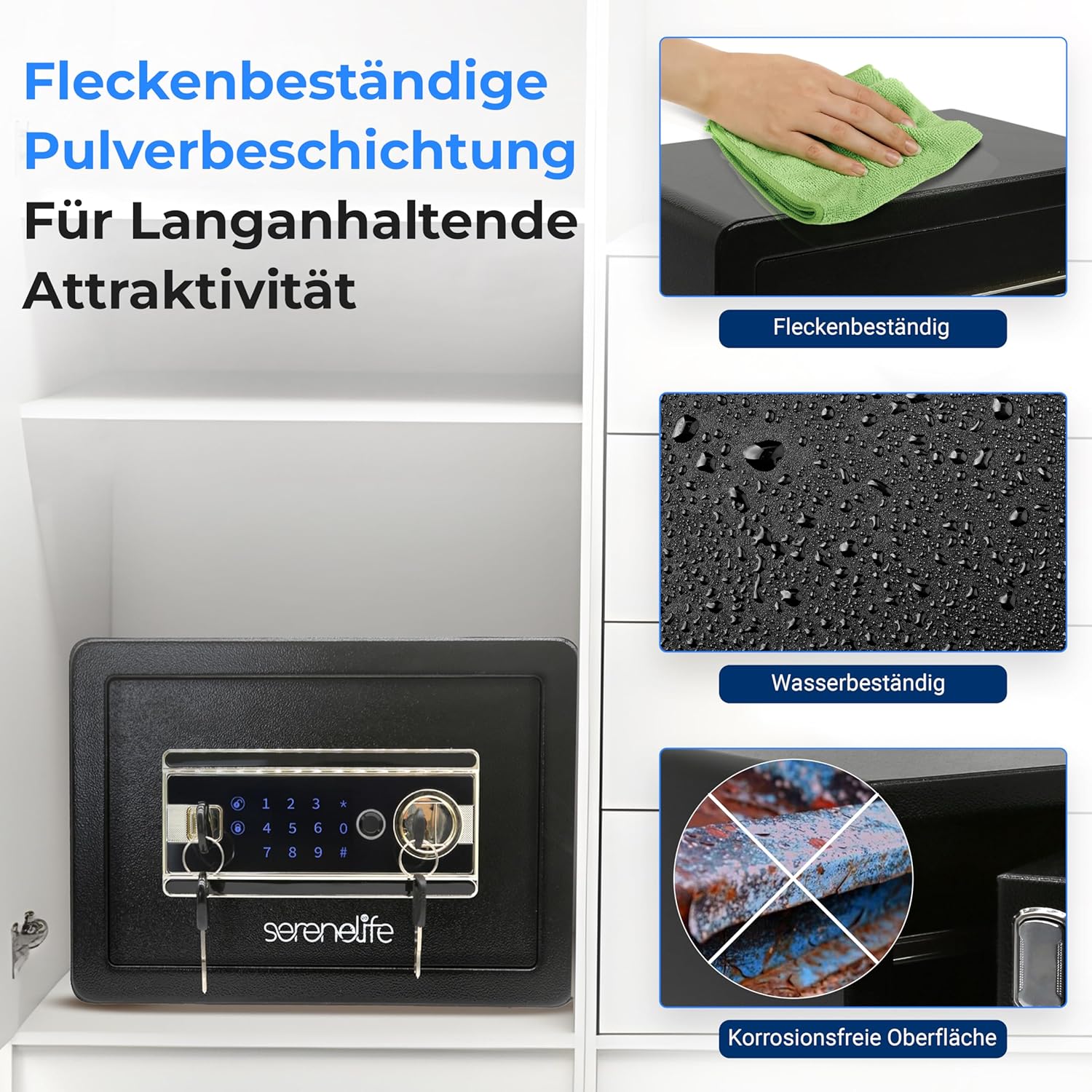SereneLife 18L Tresor, Safe Für Zuhause Feuerfest & Wasserdicht, Digitaler Heimtresor mit Zugriff per Fingerabdruck, Möbeltresor mit Code & Schlüsseln, Safe Box für Wertsachen, Bargeld, Schmuck, Gold