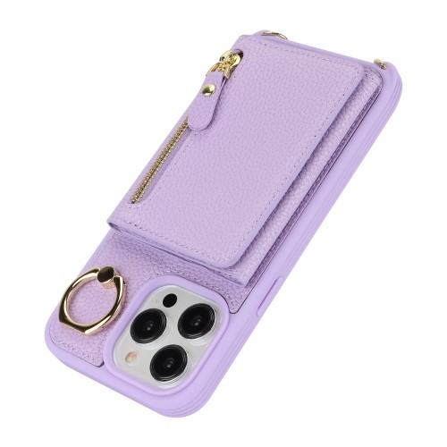 iPhone 15 Pro Max Necklace Leder Hülle mit Münzfach und Kartenfächer   Finger Griff Halterung   Handykette - Lila