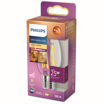 Philips LED kaars E14 25W filament helder warmglow dimbaar