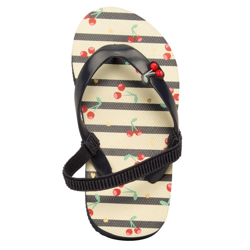 Tongs à rayures imprimé et badge cerises pour fille - Bleu marine