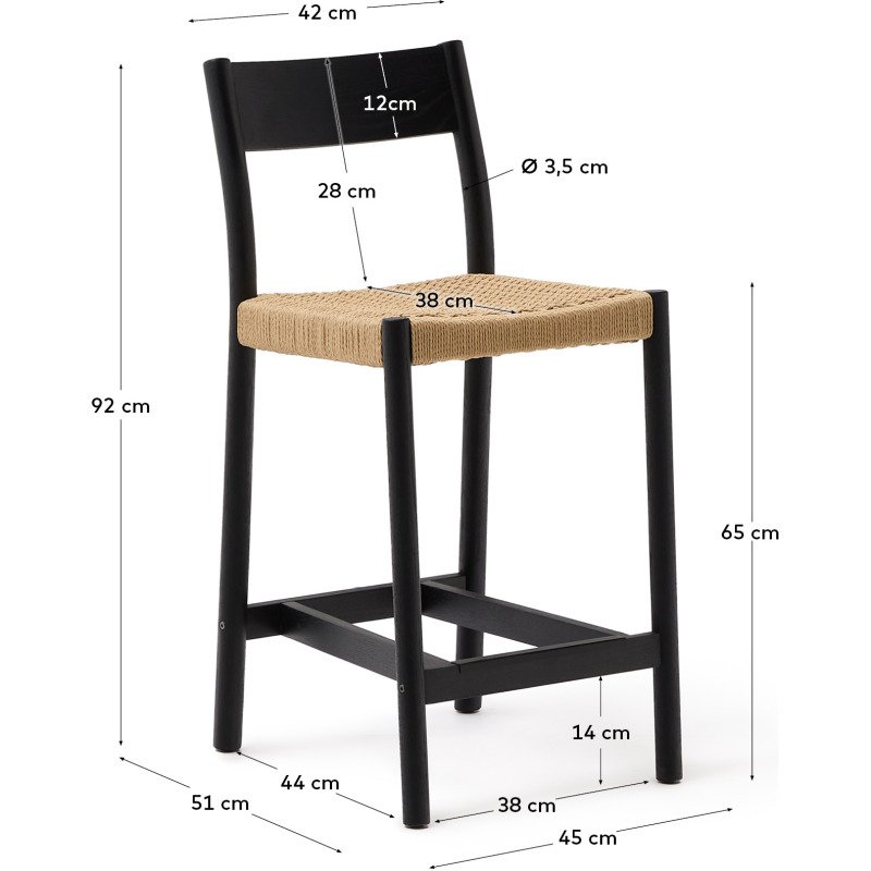 Tabouret Yalia dossier en bois de chêne finition noire et assise en corde 65 cm