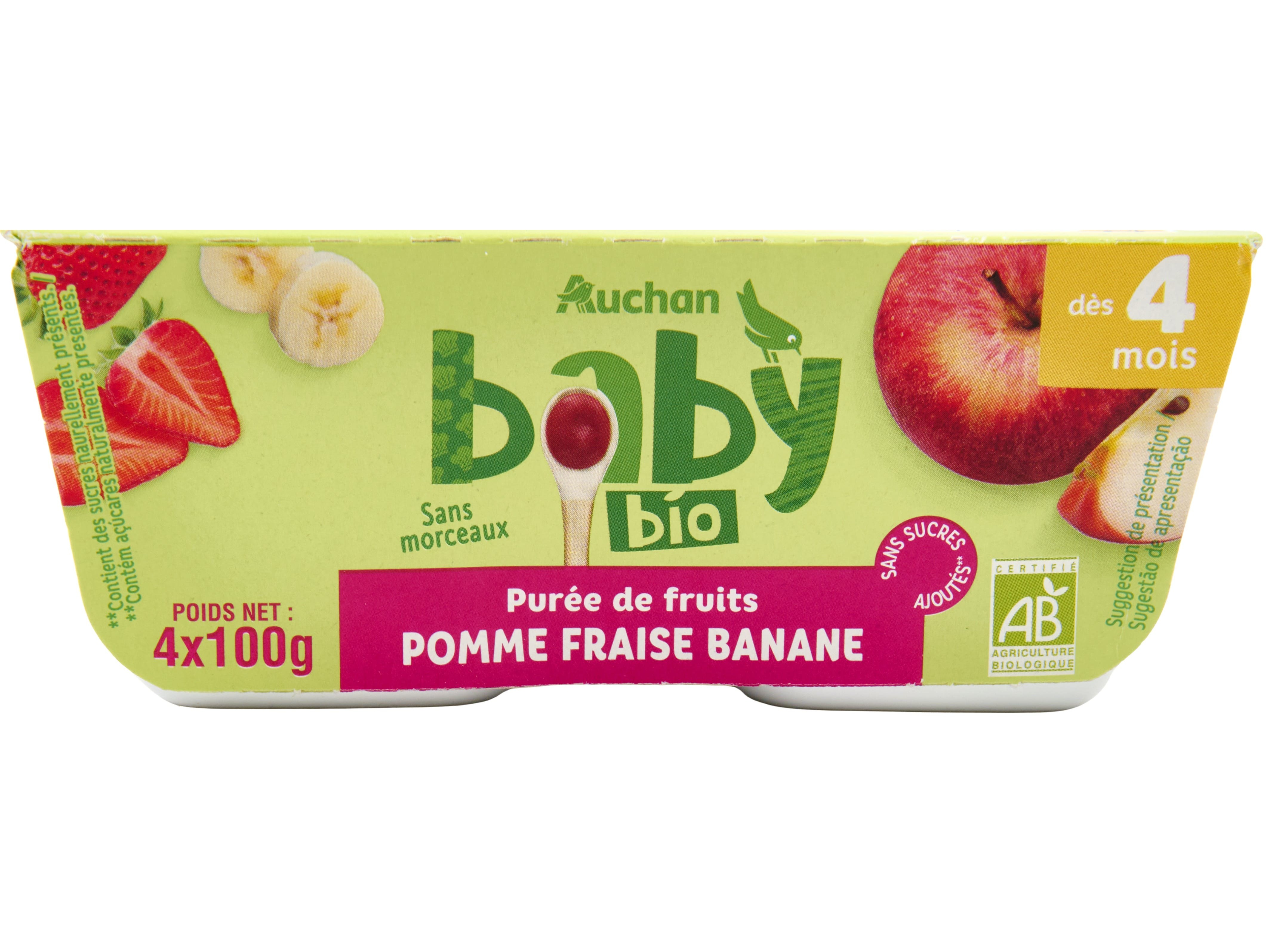 TACINHA FRUTA AUCHAN BABY BIO MAÇÃ MORANGO BANANA SEM GLÚTEN 4X100G