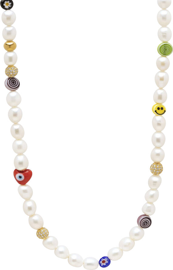 Nialaya Men's Long Smiley Face Pearl Necklace with Assorted Beads Pearl