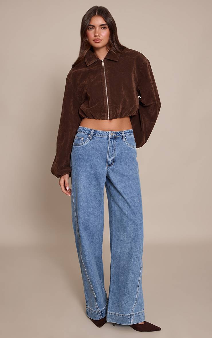 Mid Blue Wash Jean Large Bleu Moyen Décontracté Taille Mi-haute Avec Détails De Coutures