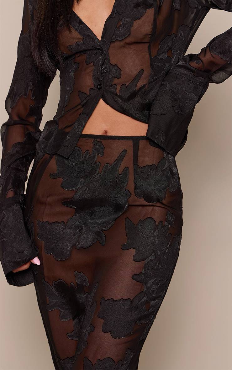 Noir Jupe Longue Coordonnée En Mesh Transparent À Motif Floral Pour Grandes Tailles