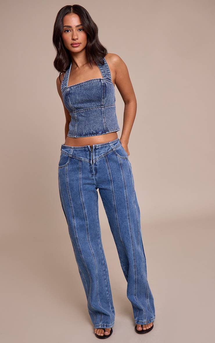 Mid Blue Wash Top Petite En Denim À Col Licou