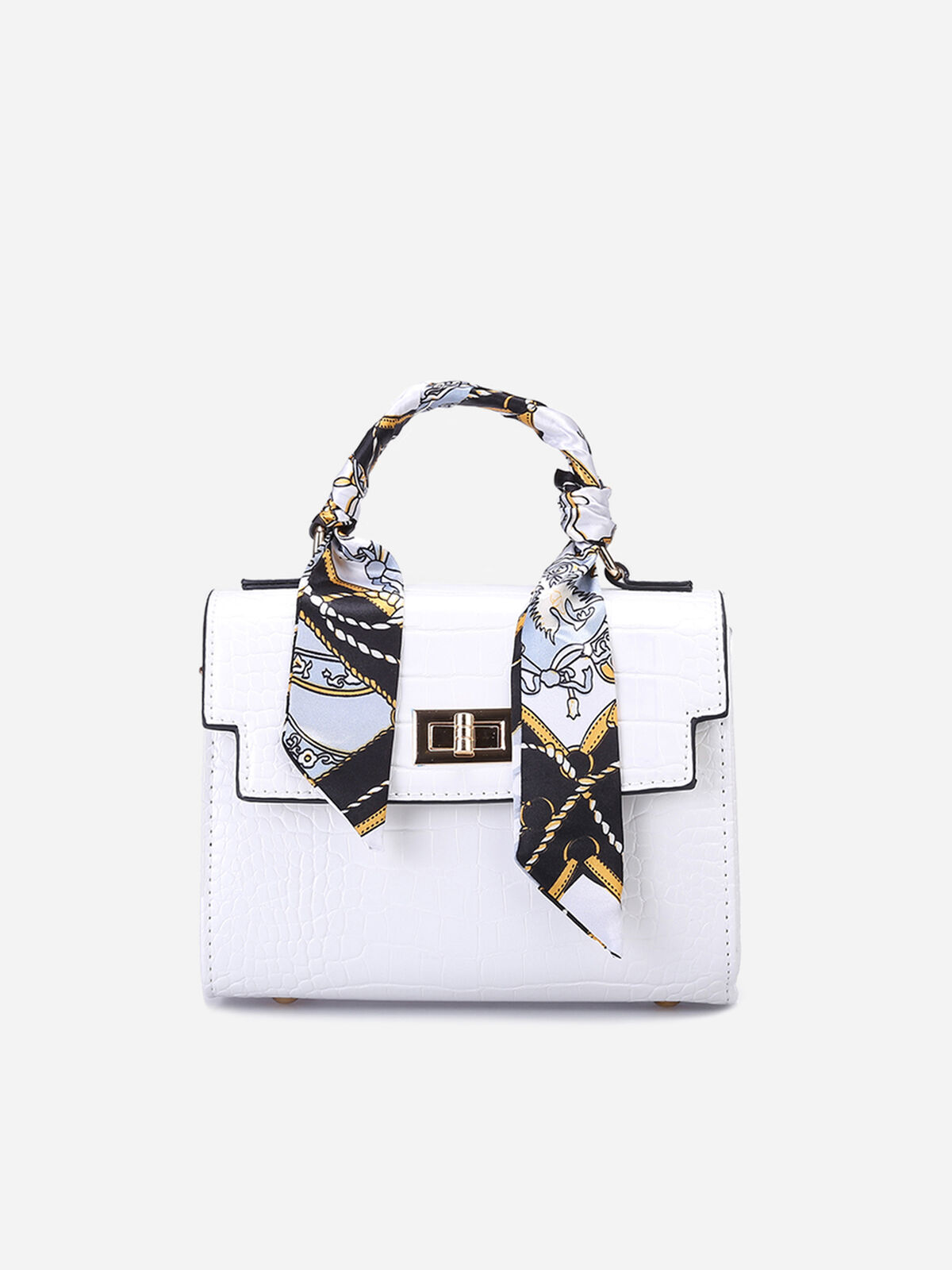 Sac à main effet croco avec foulard- Blanc