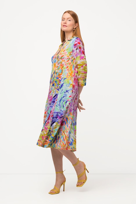 Slinky-Midikleid, Hemdkragen, V-Ausschnitt, 3/4-Arm
