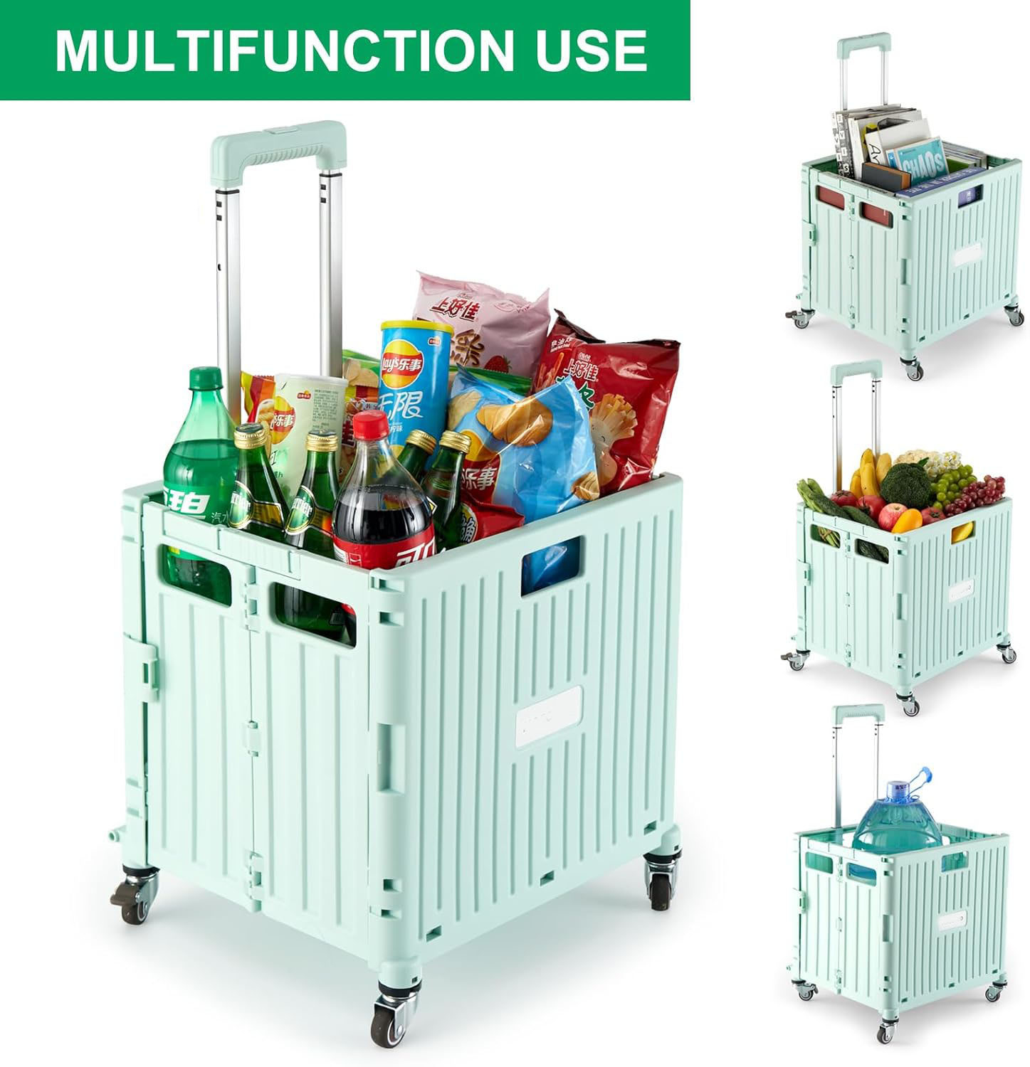 (38x32cm) Klappbarer Einkaufs Trolley Transportbox Shopping Kiste Umzugswagen mit Rädern / Teleskop Griff - Mint