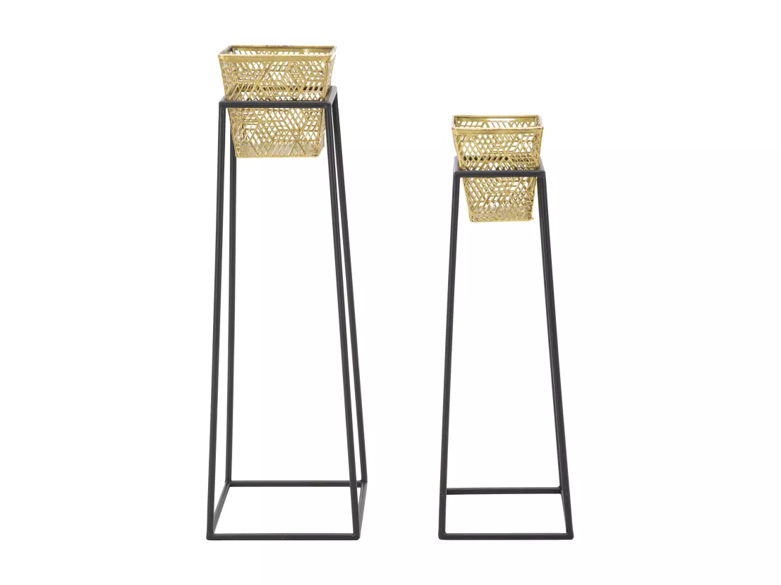 Lot de 2 porte-vases en métal doré avec socles 23x23x70-20x20x60 cm