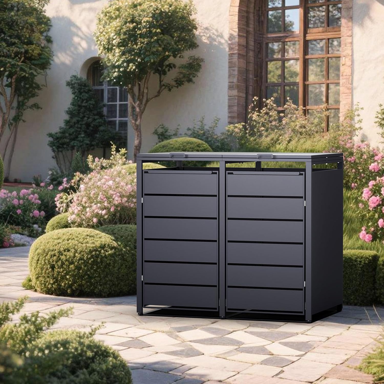 2er Mülltonnenbox Metall anthrazit 132x80x116 cm mit Magnettüren