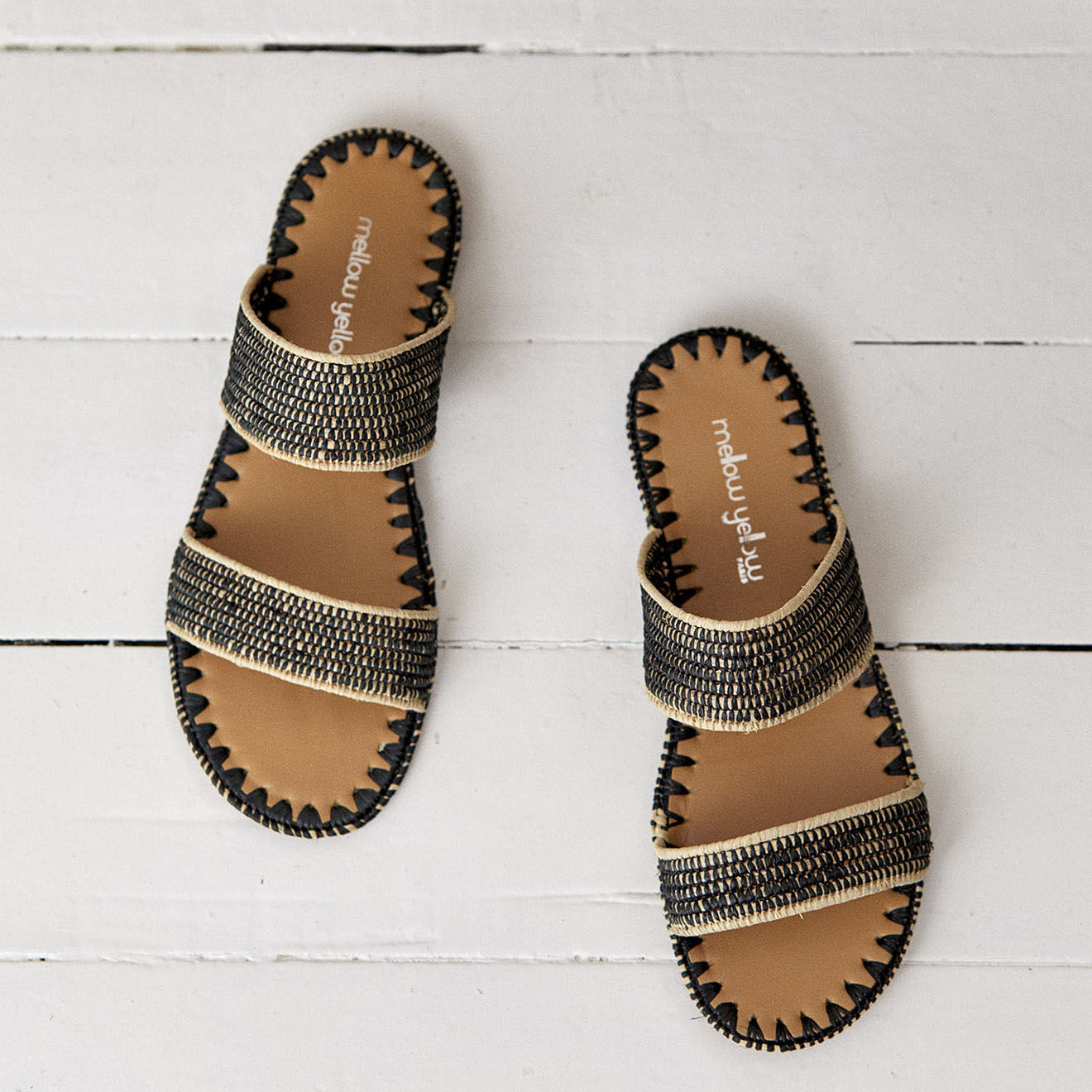 Mellow Yellow Mules en Raphia Joan noires