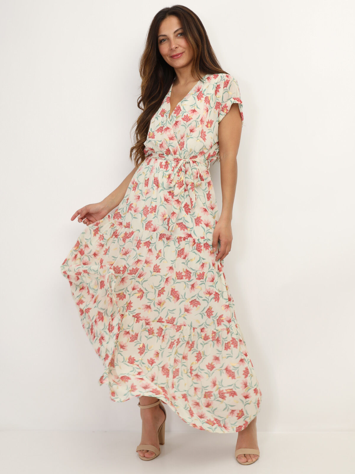 Robe cache cœur à fleurs et feuilles dorées- Beige