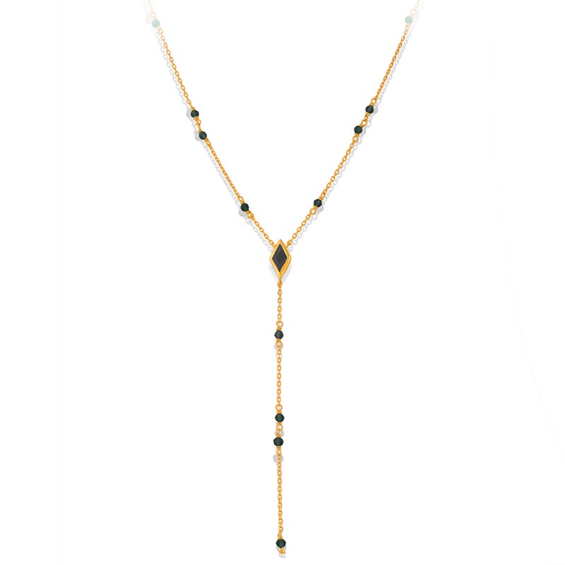 Collier En Argent Cravate Doré Pierre Spinelle Noire