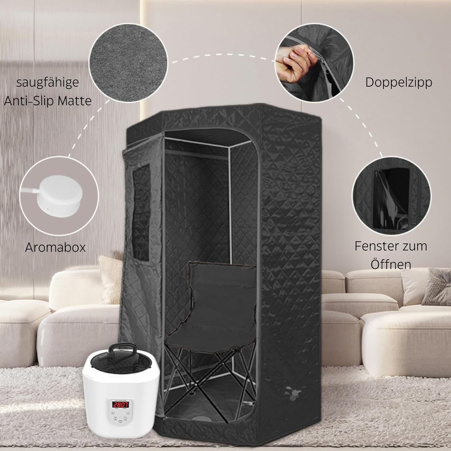 Tragbare Dampfsauna 90x90x190 cm mit Campingstuhl, Digitaler Fernbedienung, Wärmekabine, Schwarz – Ihr Wellness-Moment jederzeit und überall, tragbar