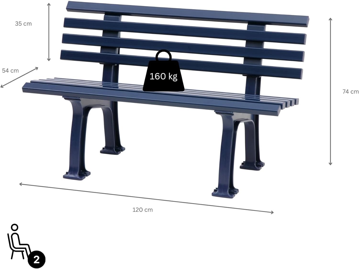 PROREGAL Gartenbank Antigua | 2-Sitzer | Blau | HxBxT 74x120x54cm | Witterungs- & UV-beständiger Kunststoff | Parkbank Sitzbank Außenbereich Garten Balkon Terrasse