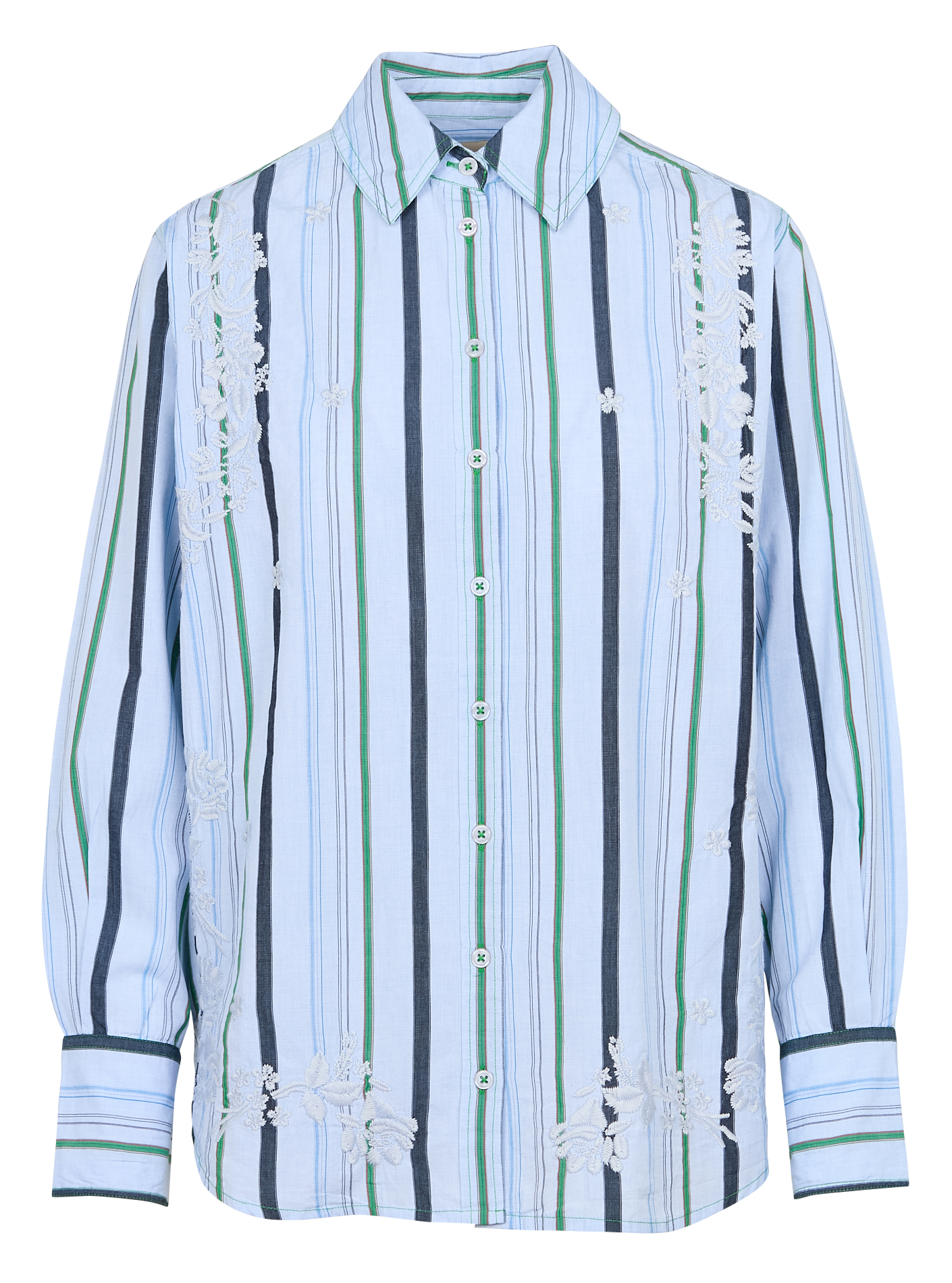 LAIS - Chemise col classique droite en coton rayé et brodé | Bleu