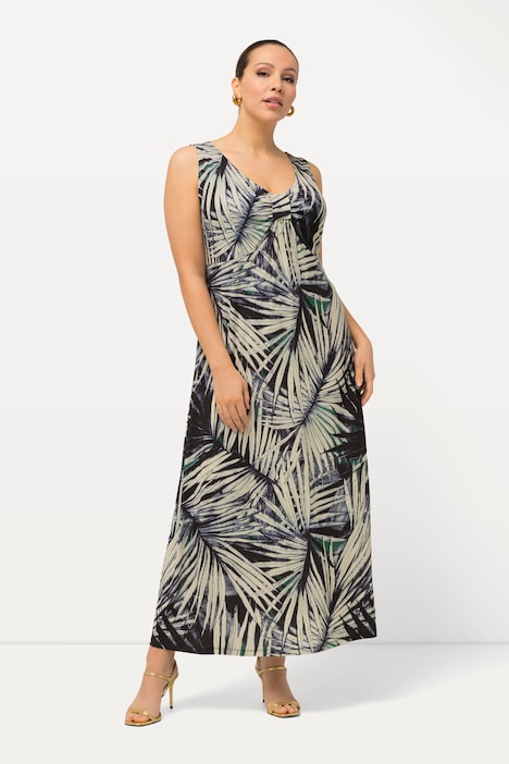 Midikleid, Palmenblätter, A-Linie, V-Ausschnitt, ärmellos