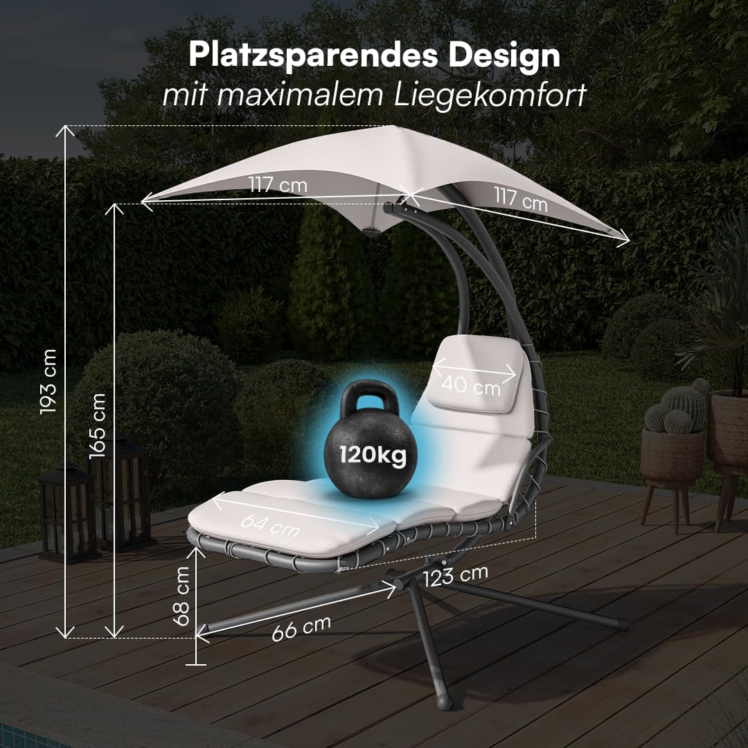 STEELSØN Schwebeliege Nyria, Hängeliege mit Gestell, Hängesessel inkl. Polsterauflage für Garten, Terrasse und Balkon, Schaukelliege, Schwingliege mit Sonnendach beige