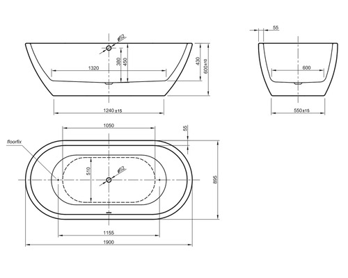 Ovaal bad OTTOFOND Timor 90 x 190 cm wit glad 703301