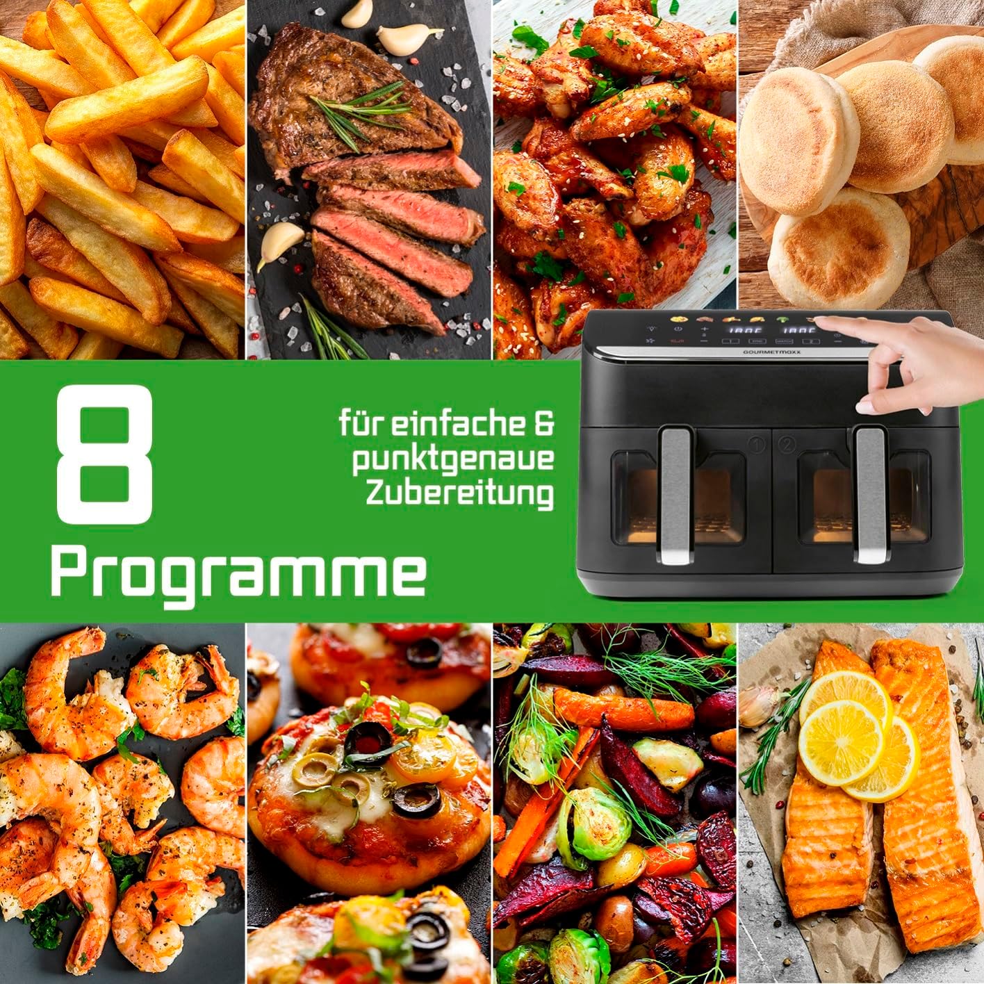 GOURMETmaxx AirGenius Heißluftfritteuse, 9 L - 2 x 4,5 L Airfryer | Fritteuse mit 8 Programmen | Heißluftfritteuse 2 Kammern - 2 Speisen gleichzeitig, für max. 8 Personen | Multi-Color Touchscreen