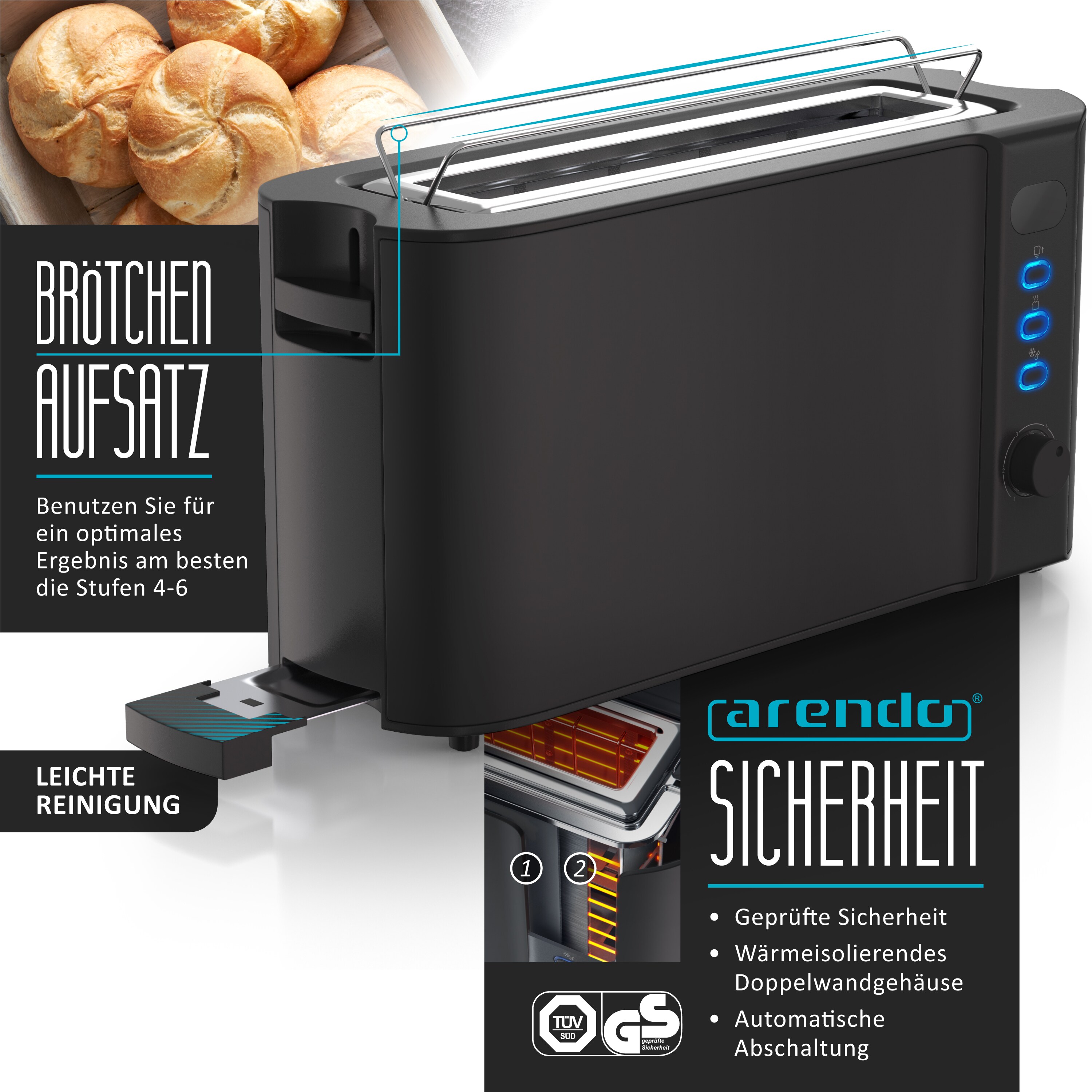 Arendo Frühstücks-Set in Schwarz matt - Wasserkocher / Toaster / Milchaufschäumer