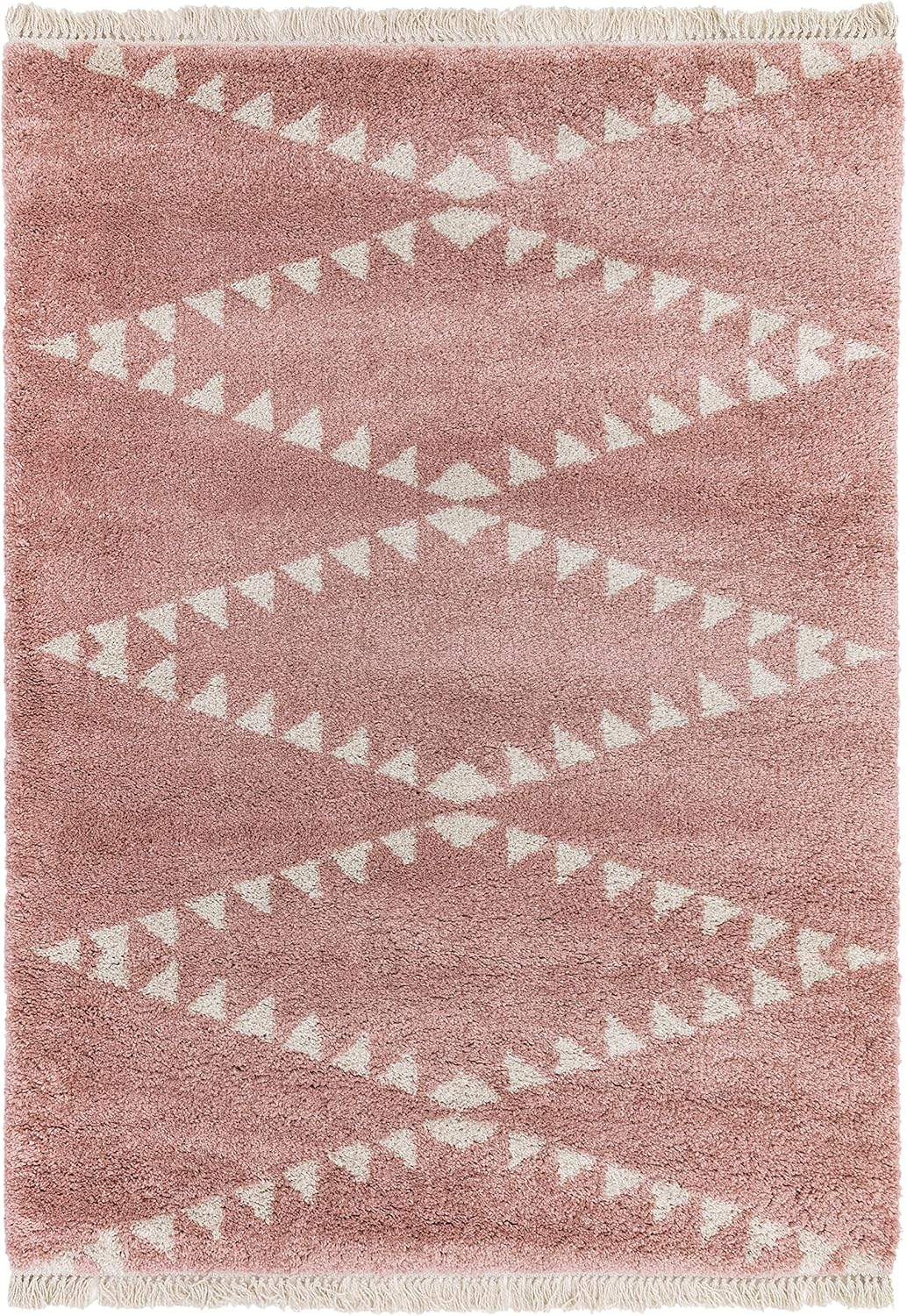 Lord of Rugs – Dakari Nuru geometrisches Tribal-Design, hochwertig, dick, weicher Zottelteppich, Pink & Cream & Grey, 120x170 cm (4'x5'6'')