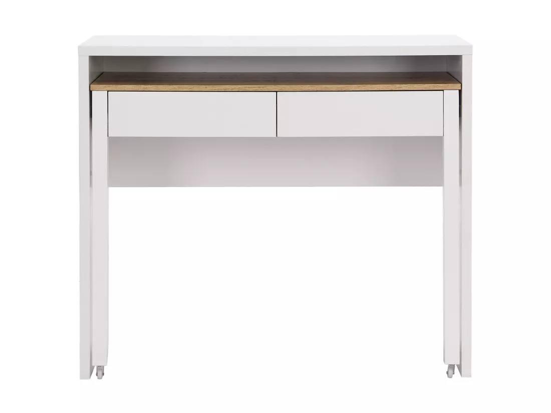 Bureau console extensible avec 2 tiroirs - Blanc et naturel - LOAVIA