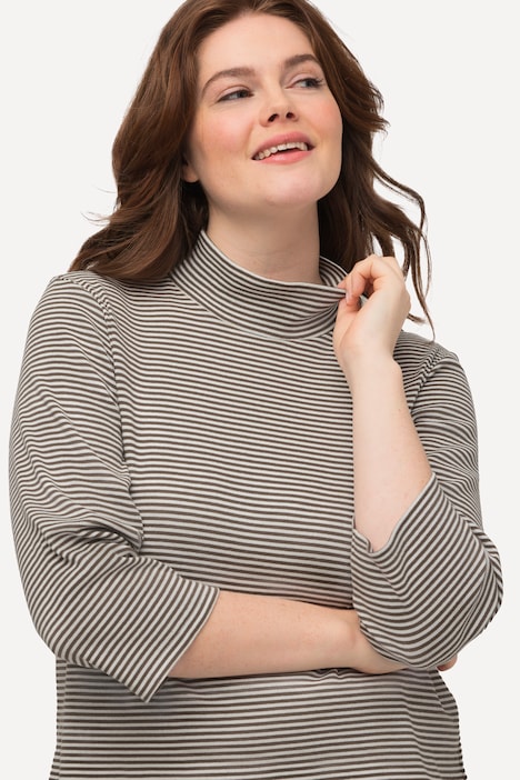 Shirt, Ringel, Stehkragen, Slim, 3/4-Arm, Biobaumwolle