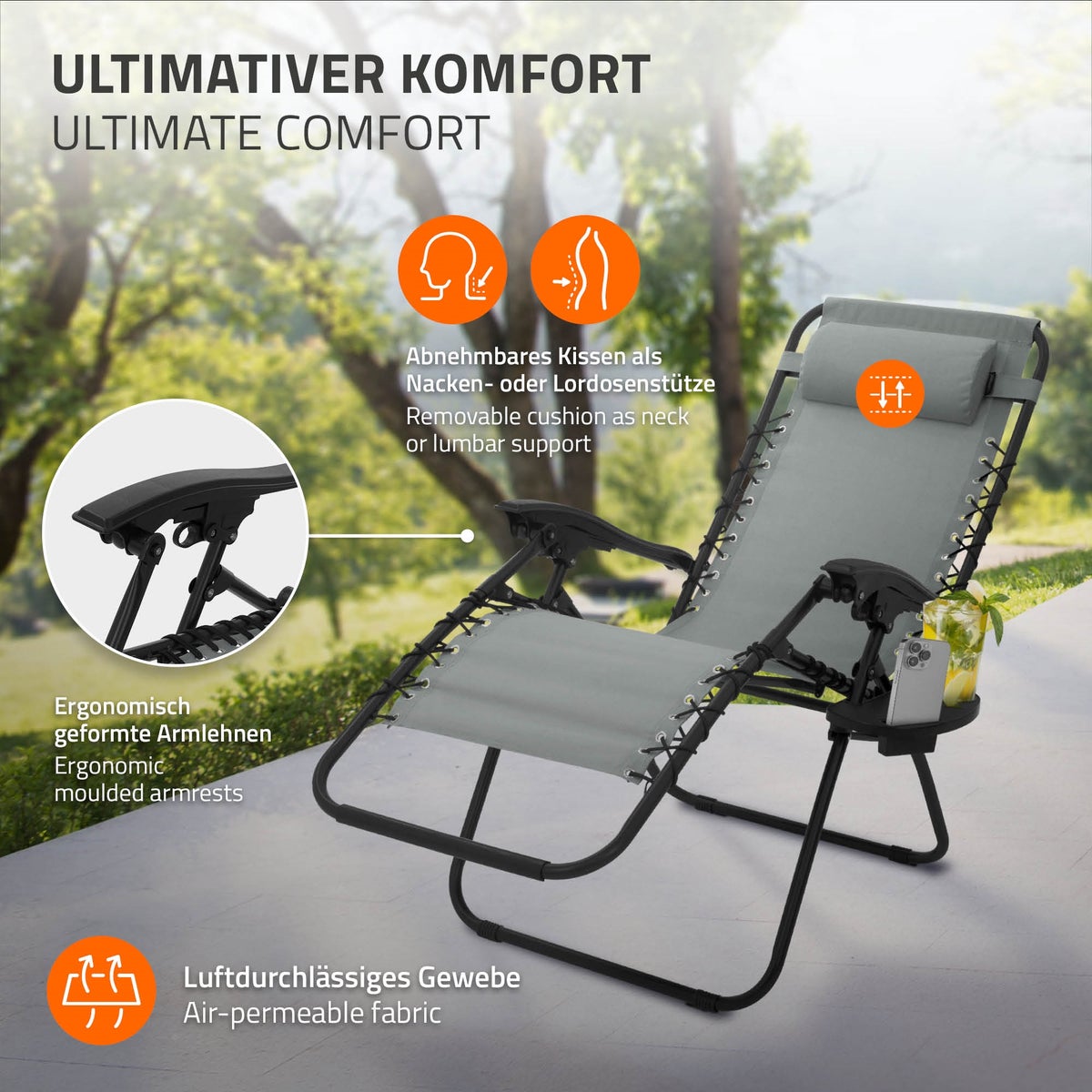 ML-Design 2-delige set opvouwbare ligstoel, grijs, relaxfauteuil met verstelbare hoofdsteun en rugleuning, tuinligstoel met vetersysteem, zero gravity outdoor relaxstoel, tuinstoel met bekerhouder