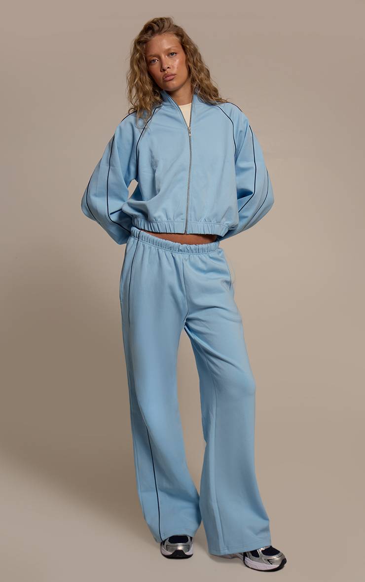 Bleu Jogging Interlock À Jambes Larges Avec Passepoil Contrasté