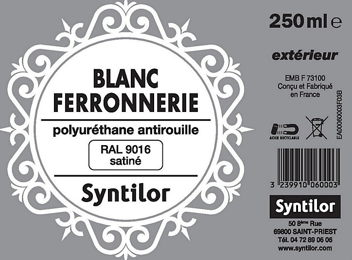 Peinture extérieure fer antirouille blanc satiné Syntilor 250 ml
