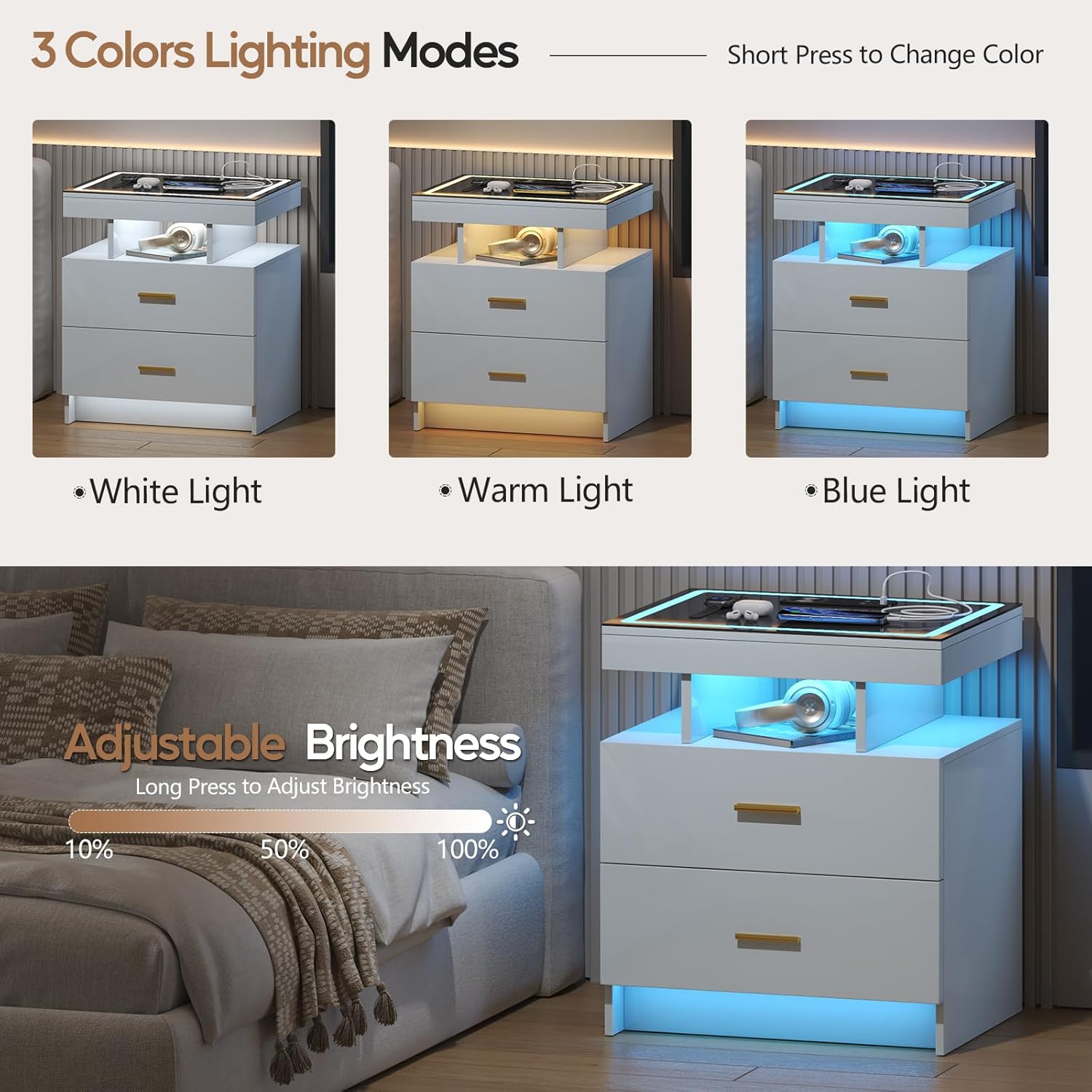 Lvifur LED Hochglanz Nachttisch mit 2 Schublade & LED-Beleuchtung,Nachtschrank mit Intelligent Ladestation,Bedside Table,Night Stand,Nachtkästchen für Schlafzimmer,Wohnzimmer