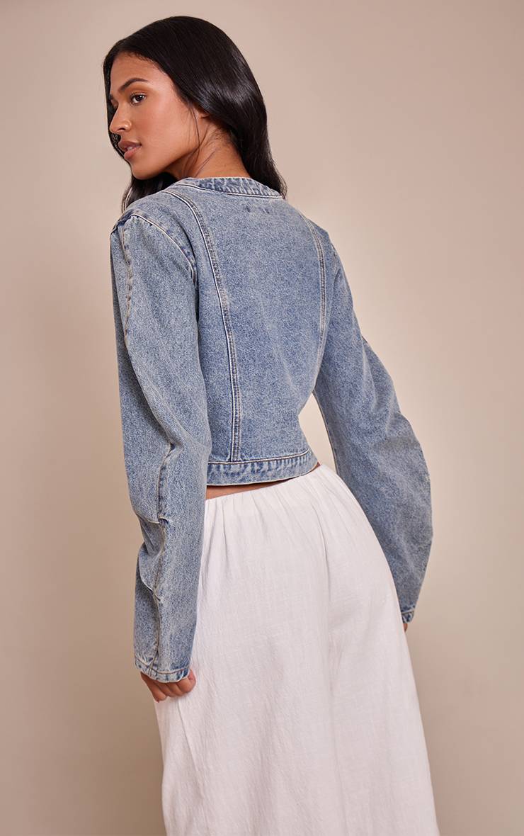 Délavage Vintage Veste En Jean Courte Grande Taille Col En V Ourlet Courbé Style Vintage