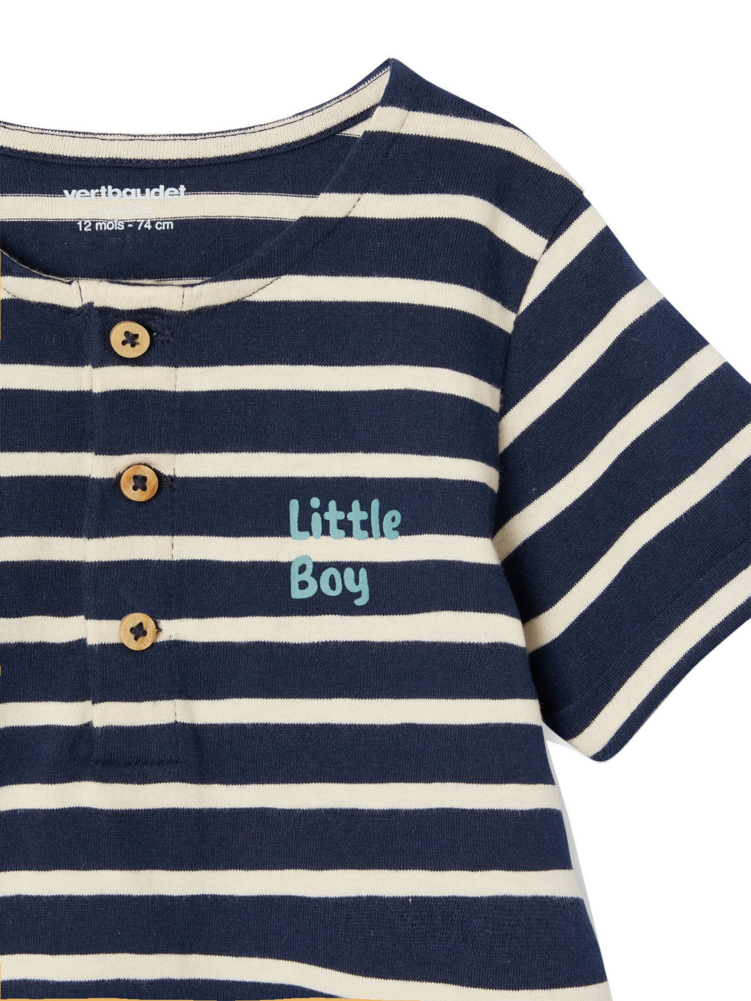 Vertbaudet Bio-Kollektion: Gemusterter Baby Kurzoverall blau gestreift