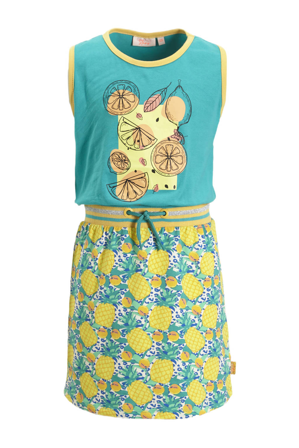 Orange Stars jurk Marietje met all over print turquoise/geel