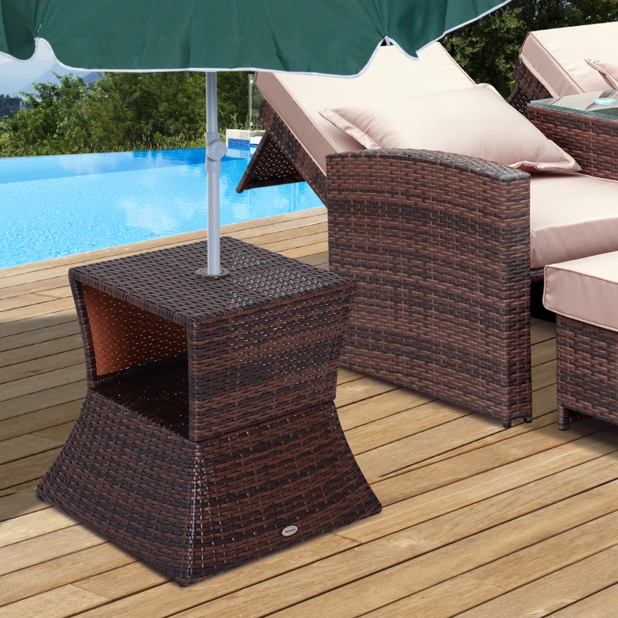 Outsunny Rattan-Gartentisch mit Sonnenschirm-Halterung braun