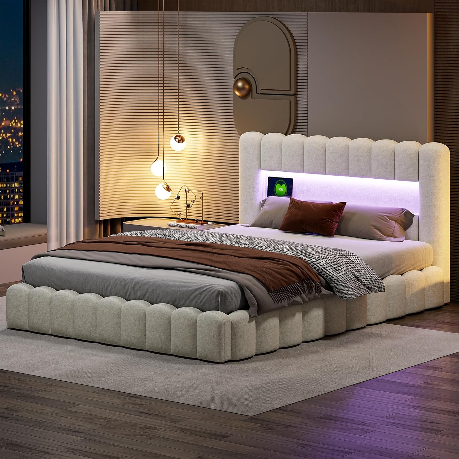 Polsterbett 180x200 cm, Hydraulisch Stauraumbett, Doppelbett mit LED und USB, Jugendbett mit Stauraum Kopfteil, Bettgestell mit Lattenrost, Leinen (Beige, 180 x 200 cm)