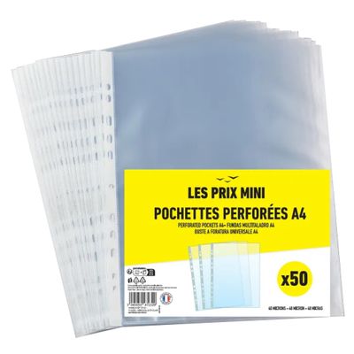 Prix Mini - Sachet de 50 pochettes perforées incolores en polypropylène grainé 4/100ème - A4