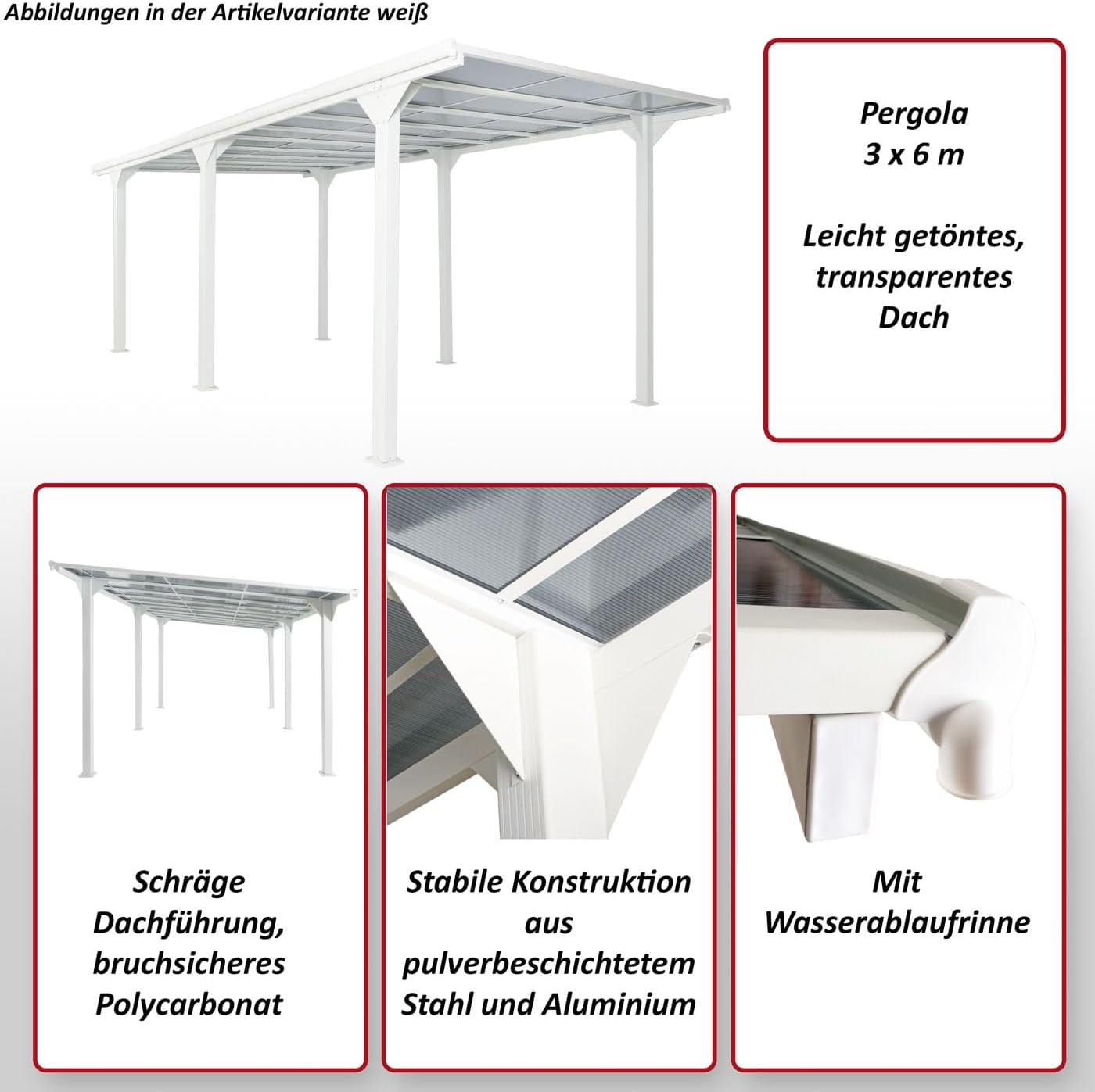 Alu-Pergola HWC-O23, Pavillon Terrassenüberdachung, stabiles 10cm-Gestell Polycarbonat-Dach Regenrinne 3x6m - weiß