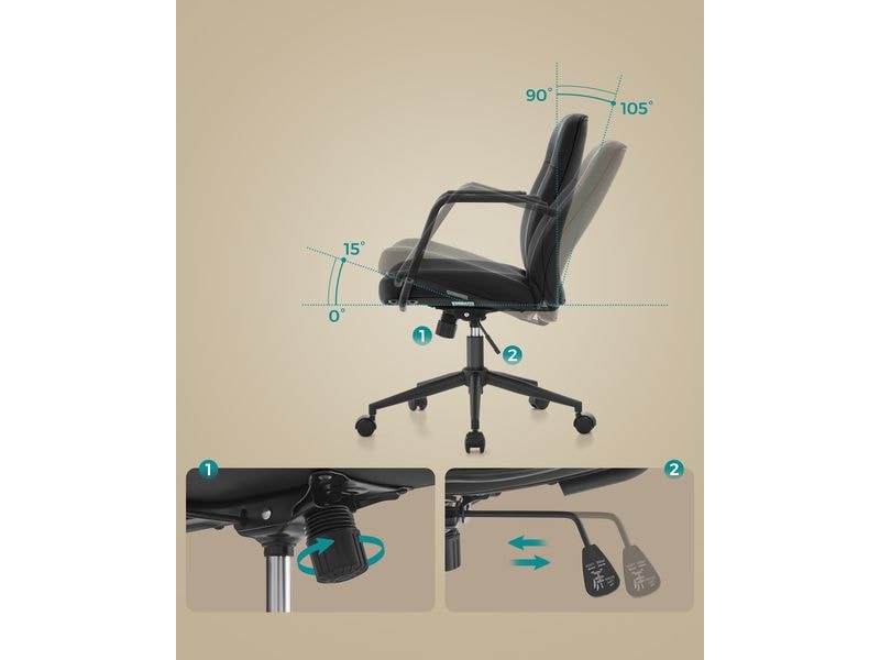 Songmics Bürostuhl mit Polsterrücken und Armlehnen, Schwarz Drehstuhl mit gebogenem Sitz