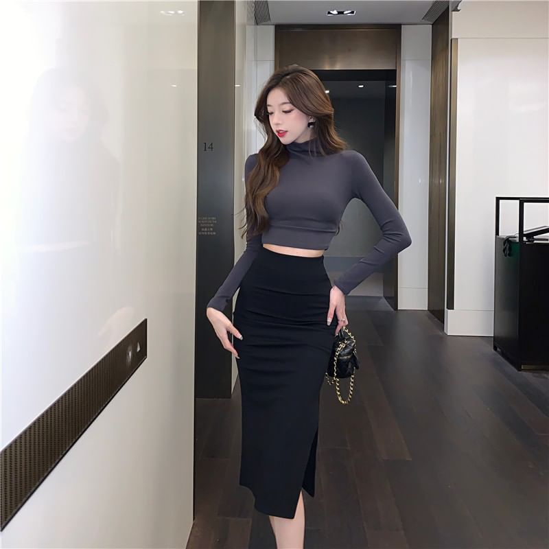 Aurora - Set: Lange mouwen coltrui effen slim fit crop T-shirt + hoge taille split midi kokerrok
